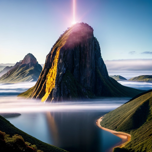 a mountain with a light beam above water