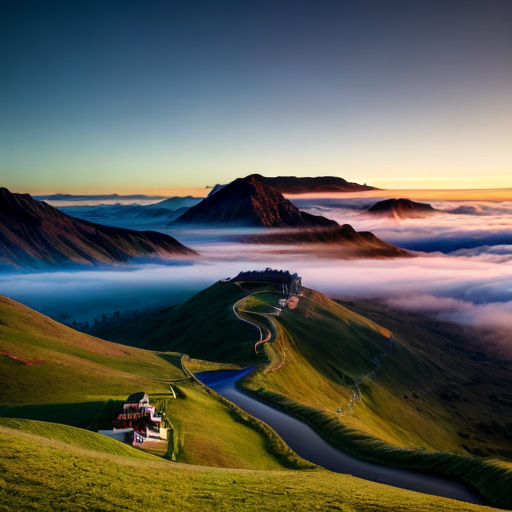 a winding road through a valley with clouds above